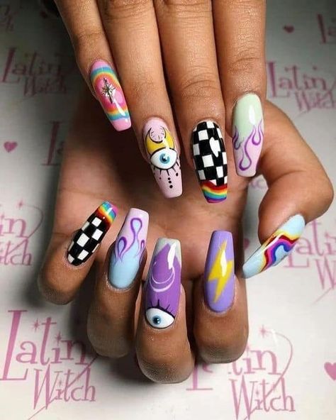 French Pedicure, Colorful Nail, Edgy Nails, Grunge Nails, Nail Swag, Summer Acrylic Nails, Acrylic Nail Art, Coffin Nails Designs, Fire Nails