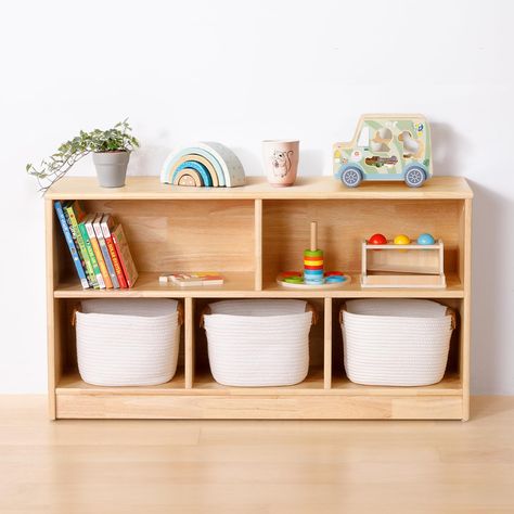 PRICES MAY VARY. LARGE STORAGE SPACE - Wood montessori shelf is designed with 5 storage compartments of 2 sizes that are spacious for storing kid's cartoon books, toys, school supplies and storage boxes. The top of the shelf can also be used as storage space. Toy storage cabinets can make a messy room tidy and orderly, help children develop good habits. MULTI SCENARIO - Not only can it be used as a bookshelf or storage shelf in the children's room, playroom, bedroom, and livingroom of the home, Kids Toy Cabinet, Changing Table Ideas Small Space, Toy Storage In Nursery, Simple Toy Organization, Kids Storage For Toys, Baby Toy Organization Living Rooms, Montessori Toy Storage Ideas, Toy Storage Bedroom Kids, Montessori Book Shelf