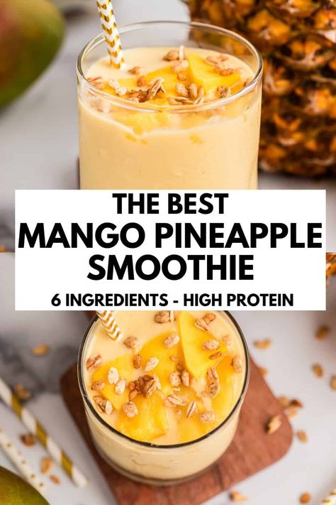 Mango pineapple smoothie is thick, creamy and so easy to make. This healthy pineapple smoothie is packed with protein and even has a serving of veggies. This tropical smoothie is perfect for breakfast or post workout meal. Smoothie Bites, Pineapple Protein Smoothie, Pineapple Mango Smoothie, Vanilla Protein Smoothie, Smoothie Bowls Recipe Easy, Protein Breakfast Smoothie, Clean Eating Smoothies, Healthy Smoothies For Kids, Pineapple Smoothie Recipes