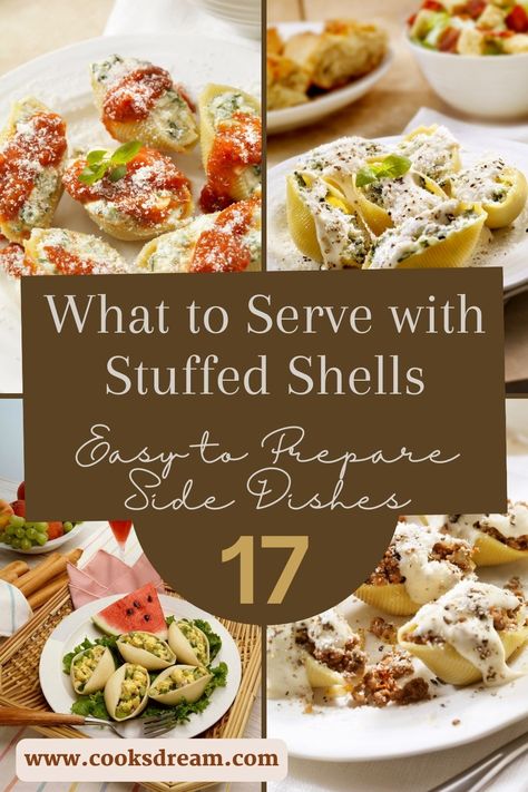 What to serve with stuffed pasta shells? These side dishes are ready to amp up your next main dish, from grilled vegetables to cold salads. Stuffed shells are a crowd-pleaser, so the next time you plan to serve stuffed shells, consider these easy-to-prepare side dishes to go along with it. | What are Stuffed Shells? | What Side Dishes Go Well With Stuffed Shells? | #pastashells #pasta #stuffedshells #sidedishes Stuffed Shells Sides, Stuffed Shells Dinner Ideas, Stuffed Shells For A Crowd, Stuffed Shells Side Dish, Cold Stuffed Shells Appetizer, Sides For Stuffed Shells, Vegetable Stuffed Shells, Stuffed Shells With Sausage, Stuffed Shell Pasta