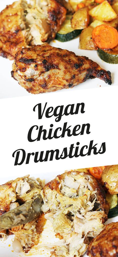 Vegan Chicken Drumsticks On Roasted Vegetables Easy Vegan Butter, Asparagus Recipes Soup, Jackfruit Chicken, Chicken Best, Vegan Butter Chicken, Vegan Meat Recipe, Vegan Roast Dinner, Vegan Fried Chicken, Jackfruit Recipes