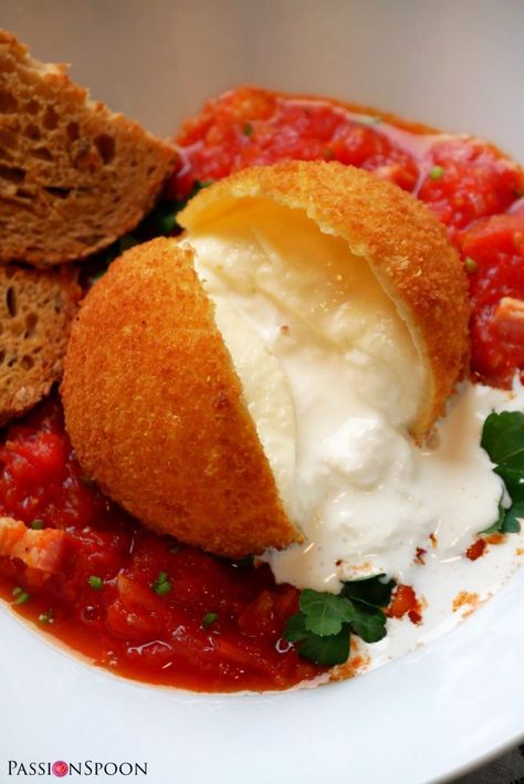 Fried Burrata Recipe, Deep Fried Burrata, Tomato Desserts, Baked Burrata, Fried Burrata, Burrata Recipes, Beetroot Carpaccio, Grilled Polenta, Pesto Zucchini Noodles