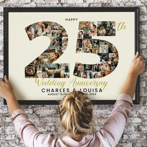 25th Wedding Anniversary gift for Couples, 25th Anniversary Gift for Husband, 25 Years married, 25th Anniversary Parents, Gift for Wife 25th ♥️Ready in 24-48 hours! ⭐HOW TO ORDER?⭐ 1. Choose your size and umber of photos. 2. Add your custom details in the personalization box. For photos, please send them via ETSY message  or email hello.lovemementos@gmail.com 3. Your printable files will be sent to your email. 4. Print at home or bring to your local print shop. 5. Frame, display or gift to your 25th Year Wedding Anniversary, Diy 25th Anniversary Gifts, Wedding 25 Anniversary, 25 Yrs Wedding Anniversary, 25 Wedding Anniversary Gifts For Parents, 25th Wedding Anniversary Gift Ideas For Couple, 25th Anniversary Centerpieces, 25th Anniversary Party Themes, 25th Wedding Anniversary Party Ideas Decorations