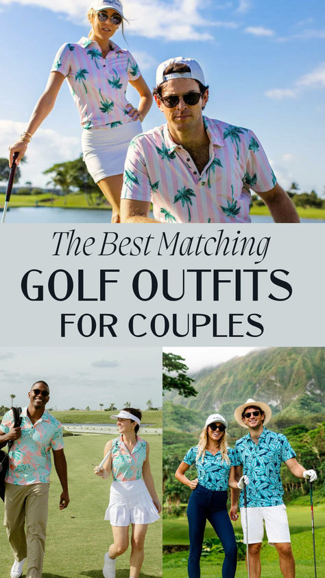 Upgrade your golf trips with these matching golf outfits for couples and foursomes. Check out the best couple golf outfits you’ll love! | Couple Goals | Matching Golf Outfits | Golf Outfit Ideas | Couples Golf Tournament Themes, Couples Golf Costume, Matching Golf Outfits Couples, Golf Costumes, Couples Golfing, Golf Trips, Outfits For Couples, Group Outfits, Golf Trip