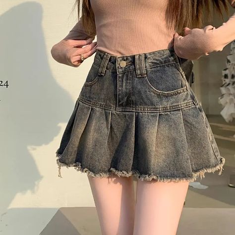 8.38US $ 50% OFF|Deeptown Vintage Denim Skirt Women Pleated Sexy Short Skirts Retro Korean Fashion Aesthetics Casual A line Streetwear Jean Skirt| |   - AliExpress Skirt Pic, Pleated Denim Skirt, Vintage Denim Skirt, High Waisted Denim Skirt, Nature Dress, Casual Chique, Denim Skirt Women, Fashion Aesthetics, Vintage Material