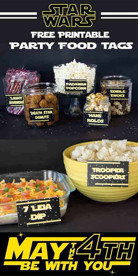 These Star Wars Party Printable Food Tags will help you take your Star Was Party or May the 4th Be With You Party to the next level! I'm offering over two dozen food tags, plus some blanks one for you to create your own! Just download, print at home and you're ready to party!! From overthebigmoon.com #starwars #starwarsparty #maythefourthbewithyou #starwarsrecipes #starwarsfoodpuns #foodpuns Star Wars Barbecue, Sith Birthday Party, Star Wars Birthday Backdrop, Mandalorian Party Decorations, One With The Force First Birthday, Star Wars Popcorn, Yoda Birthday Party Ideas, Starwars Party Ideas, Baby Yoda Birthday Party Ideas