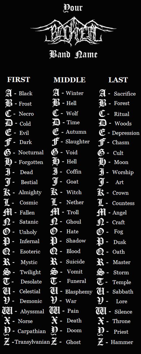 What is your Black Metal name? - Imgur Band Names Ideas, Band Name Generator, Name Generator Business, Assassin Names, Funny Name Generator, Tempo Music, Name Maker, Birthday Scenario, Business Name Generator