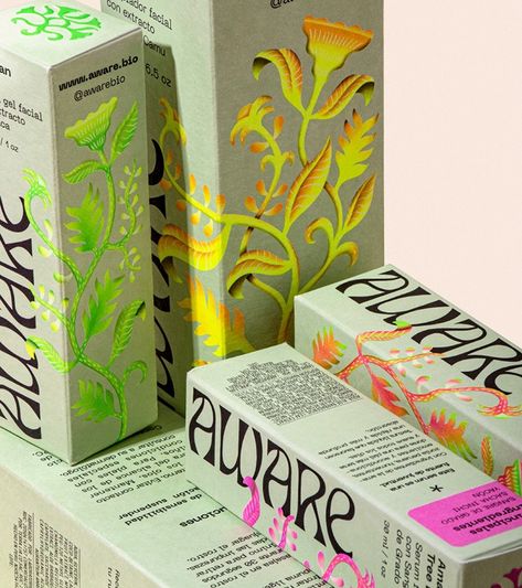 Aware Branding & Packaging by Fibra Is Where Beauty Meets Nature's Finest Essence - Design & Paper Artistic Packaging Design, Packaging With Pattern, Metallic Packaging Design, Maximalist Packaging Design, Beauty Package Design, Packaging Design Trends 2025, Jungle Packaging, Natural Product Packaging, Bag Package Design