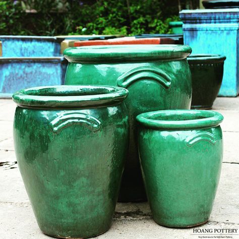 Set of 3 jar-shaped glazed ceramic planters with shiny bottle green colors.  Website: www.hoangpottery.com . . . . . . . #hoangpottery #glazedceramicpots #glazedceramicplanters #decoration #gardendecoration #outdoordecoration Colors Website, Outdoor Pottery, Courtyard Ideas, Tropical Home Decor, Ceramic Pots, Food Court, Garden Features, Green Ceramics, Bottle Green