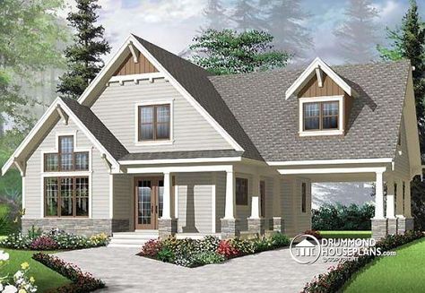 House plan W3507-V1 by drummondhouseplans.com Chalet Architecture, Smaller Houses, Cape Cod House Plans, 2 Bed House, Carport Plans, Drummond House Plans, Cape Cod Style House, Porch Columns, Carport Designs