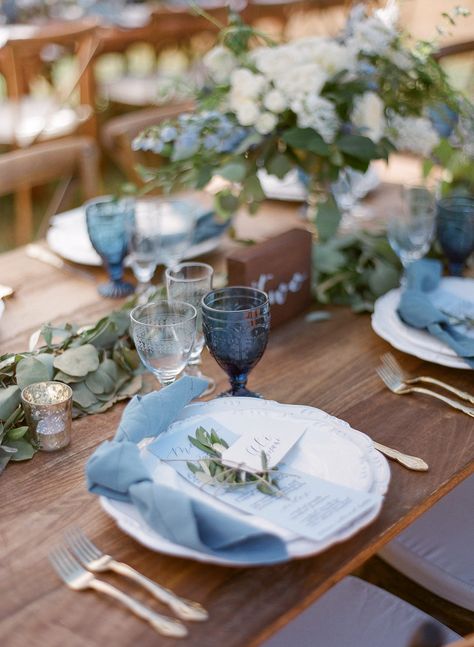 Soft Blue Color Palette, Soft Blue Wedding, Blue Table Settings, Blue Color Palette, Blue Themed Wedding, Blue Cups, Northern California Wedding, Dusty Blue Weddings, Venue Decor