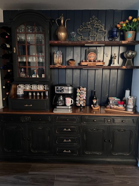 Cabinet Into Coffee Bar, Antique Coffee Bar, Coffee/wine Bar, Coffee Bar Ideas, Coffee Bar Design, Home Coffee Stations, Wainscoting Panels, Coffee Bars In Kitchen, Coffee Nook