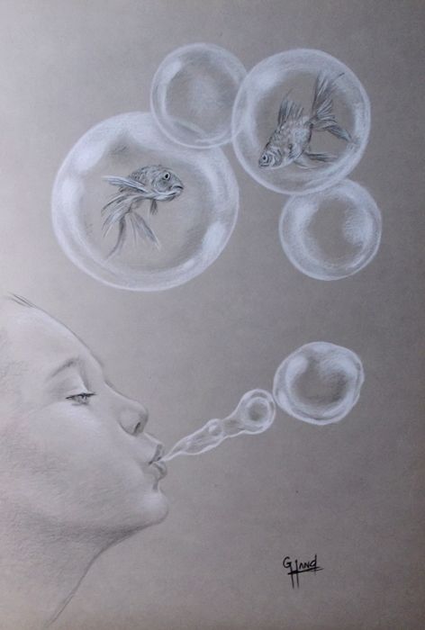 Bubbles by Greg Hand...25"x 17"..Black & White Pencil on Gray Paper. How To Draw Bubbles With Pencil, Drawing Bubbles On White Paper, Gray Paper Drawing, Bubble Sketch, Personalized Sketchbook, Ideas For Drawing, Bubble Drawing, Watch Drawing, Pencil Portrait Drawing