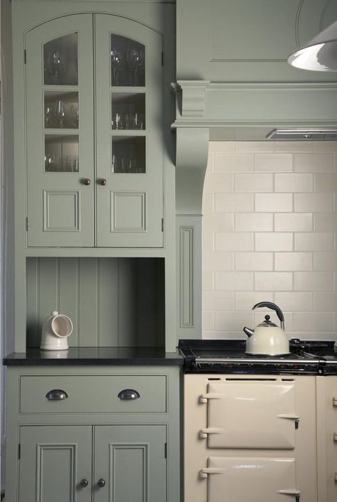 40+ Sage Green Kitchen Cabinets (with Paint Colors!) - Jenna Sue Design Farrow And Ball Kitchen, Georgian Kitchen, Farmhouse Kitchen Colors, 1930s Bungalow, Green Kitchen Designs, Sage Green Kitchen, Mill House, Kitchen Finishes, Green Kitchen Cabinets