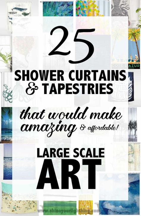 Create large wall art with shower curtains and tapestries. Cheap Giant Wall Art, Using Shower Curtains For Wall Art, Diy Large Wall Art Shower Curtain, Easy Large Artwork Diy, Cheap Picture Wall Ideas, Framed Shower Curtain Wall Art, Easy Large Wall Art, Diy Large Decor, Diy Oversized Wall Art Living Room