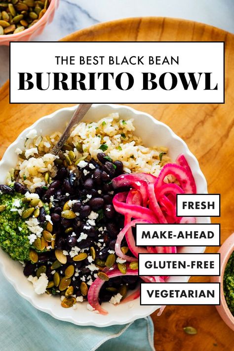 This homemade black bean burrito bowl recipe features cilantro-lime rice, tender black beans, pickled onions and fresh cilantro pesto! This healthy bowl makes great leftovers and it's vegetarian (easily vegan) and gluten free. #burritobowl #mexicanrecipe #healthy #vegetarian #vegan #glutenfree #cookieandkate Black Bean Burrito Bowl, Bean Burrito Bowl, Cilantro Lime Brown Rice, Burrito Bowl Recipe, Black Bean Burrito, Bean Burrito, Cookie And Kate, Cilantro Pesto, Healthy Bowl