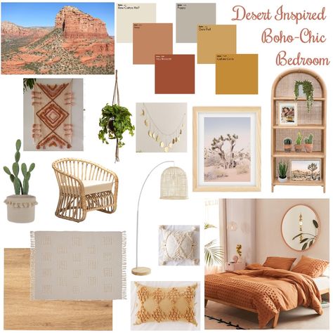 View this Interior Design Mood Board and more designs by morganriley on Style Sourcebook Bohemian Chic Interiors, Desert Guest Room, Bohemian Style Mood Board, Desert Guest Bedroom, Bohemian Interior Design Mood Board, Bohemian Chic Interior Design, Sedona Inspired Bedroom, Boho Interior Style, Desert Decor Bedroom