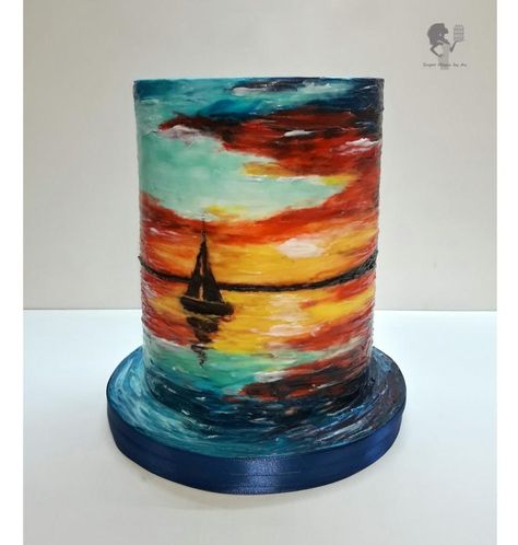 Tropical Cake For Men, Beach Sunset Cake Ideas, Sunset Cake, Summer Cake Designs, Watercolor Cake, Hand Painted Cakes, Beautiful Cake Designs, Beach Cakes, Summer Cakes