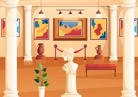 Art Museum Illustration, Art Gallery Interior Exhibitions, Museum Cartoon, Sculpture Background, Art Gallery Drawing, Museum Background, Museum Illustration, Culture Sculpture, Museum Pictures