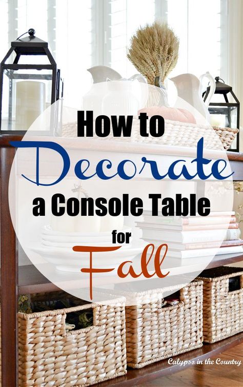 Festive fall decorating ideas for a console table. Simple vignettes with seagrass baskets, velvet pumpkins and autumn colors. Get your home ready for the change of seasons with these simple decorating tips. Console Table Fall Decorating, Console Table Fall Decor Ideas, Buffet Table Fall Decor, Fall Side Table Decor Ideas, Thanksgiving Console Table Decor, Fall Decor For Console Table, Fall Decor For Buffet Table, Sofa Table Fall Decor Ideas, Fall Decor Tv Console