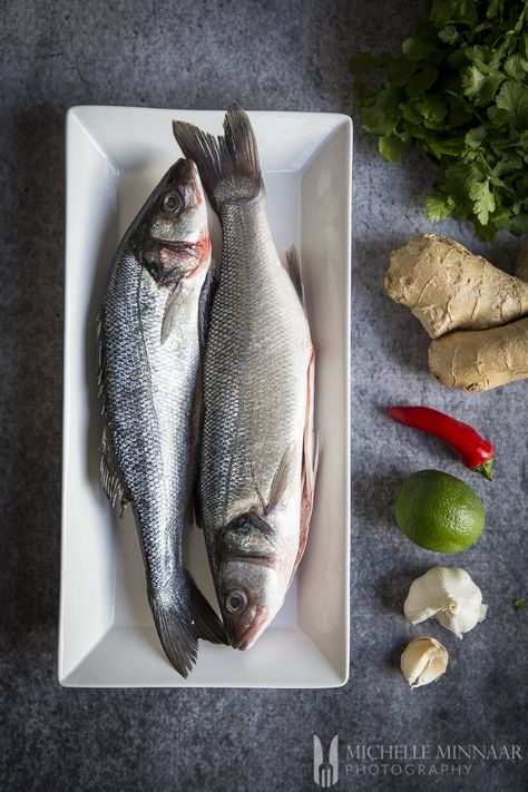 Whole Baked Thai Sea Bass Chinese Mixed Vegetables, Cooking Sea Bass, Sea Bass Recipe, Baked Sea Bass, Bass Recipe, Sea Bass Recipes, Ingredients Photography, Vanilla Sauce, Sea Bass