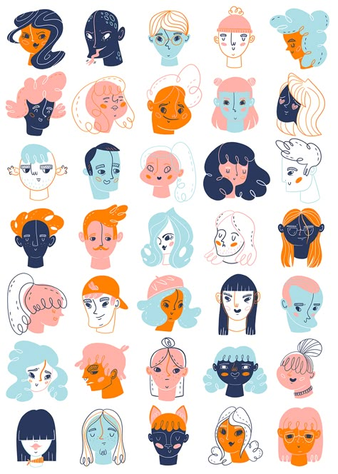 Faces Illustration Simple, Different Styles Of Illustrations, Graphic Portrait Illustration, People Illustration Art, Illustration Art People, Brand Character Design, Illustrated Faces, Illustration Faces, Stylized Faces