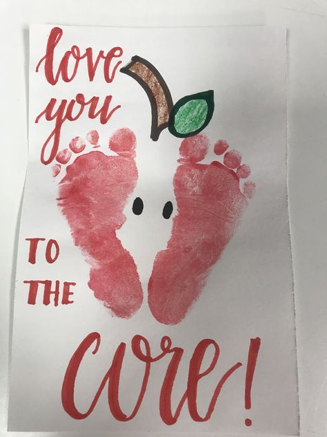 Apple craft for babies and toddlers! #apple #footprint #art #craft #fun #preschool #baby #toddler #applecore I Love You To My Core Apple Craft, I Love You To The Core Apple Craft, Infant Projects, Craft For Babies, Nicu Crafts, Baby Footprint Crafts, Baby Art Crafts, Infant Art, Fall Crafts For Toddlers