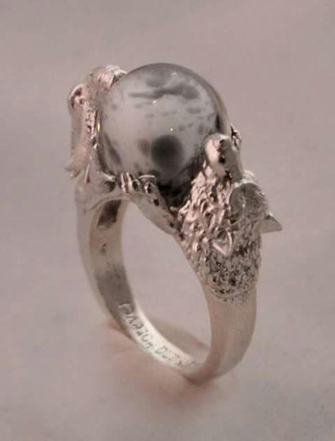 Commissioned promise ring, custom made. Wolf and dragon in ss. The moon gem glows in the dark! Antique Wedding Jewelry, Silver Jewelry Diy, Thriving Business, Wolf Jewelry, Engagement Rings Opal, Discount Jewelry, Jewelry Armoire, Fantasy Jewelry, Wholesale Jewelry