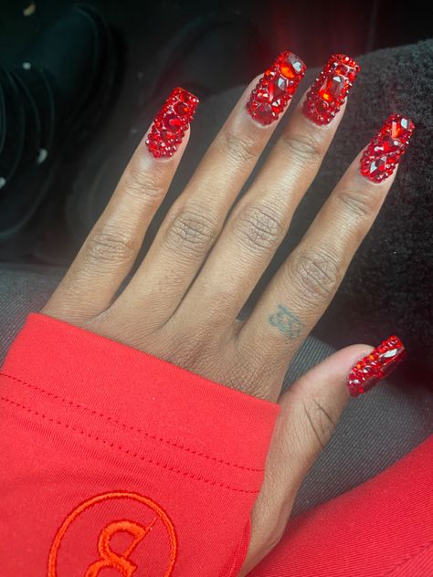 Red Jeweled Nails, Red Gemstone Nails, Red Nails With Red Rhinestones, Red Jewel Nails, Red Diamond Nails, Red Crystal Nails, Red Nails With Gems, Red Rhinestone Nails, Red Bling Nails