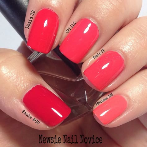 Nail Polish Coral, Essie Coral Nail Polish, Opi Pink Coral Nail Polish, Spring Nails 2023 Gel Coral, Summer Nail Colors For Pale Skin Red Hair, Opi Coral Colors, Essie Watermelon Nail Polish, Coral Biab Nails, Beach Nail Colors 2023