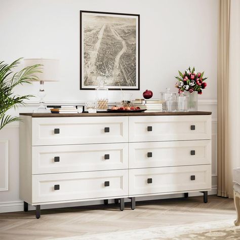 Modern White Dresser for Bedroom with 6 Drawers, 2 in 1 Wooden Chest of Drawers with Organizer Modern White Dresser, Wooden Chest Of Drawers, Dresser For Bedroom, White Dresser, Wooden Chest, Living Room Cabinets, Organizer Storage, Chest Of Drawers, Room Furniture