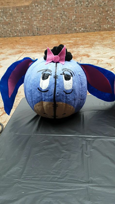 Eeyore Pumpkin Painting, Eeyore Pumpkin, Animal Sitting, Pumpkin Painted, Blue Stuffed Animals, Pumpkin Paintings, Creative Pumpkin Painting, Halloween Pumpkin Designs, Train Pumpkin Carving