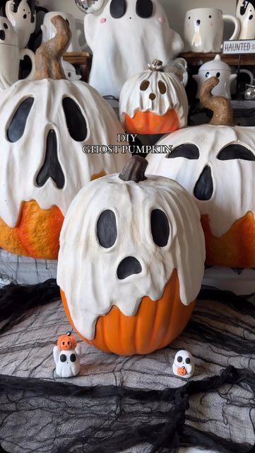 Craft Pumpkin Carving Ideas, Decorating Fake Pumpkins, Kids Pumkin Decoration Ideas, Knucklehead Pumpkin, Ghost Pumpkin Decorating Ideas, Ghost Air Dry Clay, Halloween Crafts Ghost, Fake Pumpkin Carving, Air Dry Clay Autumn Ideas