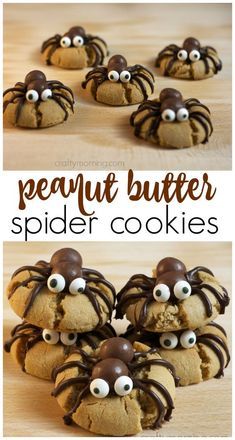 Spider Cookies - Make peanut butter spider cookies for a halloween treat! A fun halloween dessert thats easy enough for the kids to make for party. Spooky Halloween Party Ideas, Peanut Butter Spider Cookies, Halloween Party Ideas For Kids, Biscuits Halloween, Fun Halloween Desserts, Dessert Halloween, Postres Halloween, Kids Halloween Food, Spider Cookies