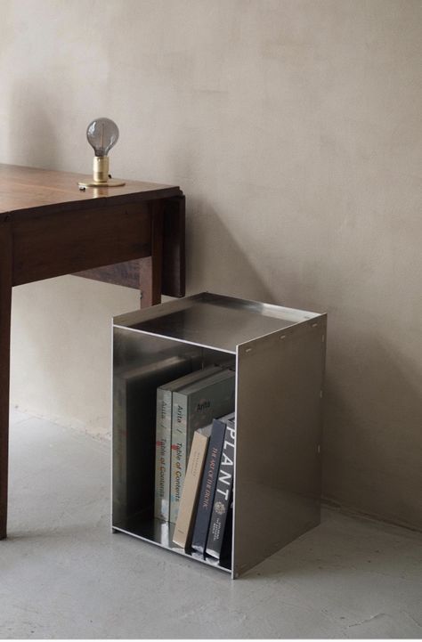 Chrome Bedside Table, Pliage Tole, Work Furniture, Bedside Table Metal, Cabinet Inspiration, Steel Furniture Design, Dining Interior, Stainless Steel Furniture, Mens Bedroom