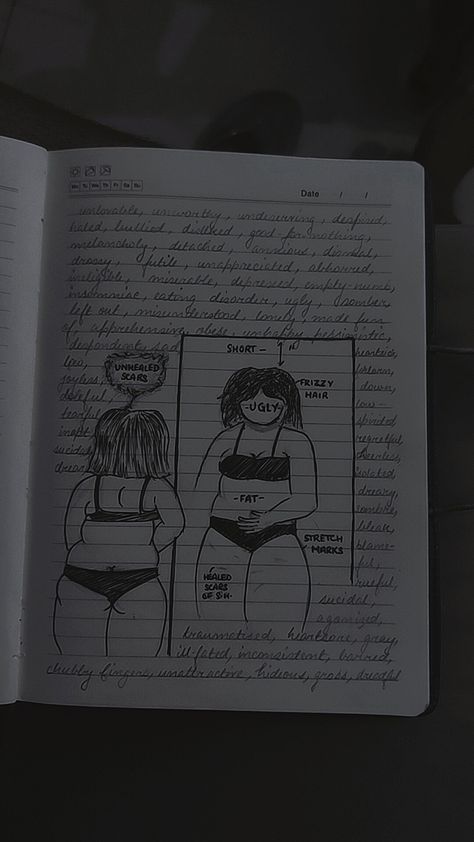 Insecurities|fatphobic|mentalhealth|bullying Drawing Insecurities, Insecure Body Drawing, Body Image Art, Pillow Thoughts, Anger Issues, Drawings Simple, Body Drawing, Class Ideas, Art Inspiration Drawing