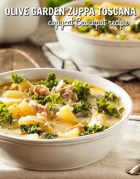 Olive Garden Zuppa Toscana Recipe for the Crockpot Zupa Tuscana, Toscana Soup Olive Garden, Olive Garden Zuppa Toscana Soup, Zuppa Toscana Soup Olive Garden, Soup Olive Garden, Olive Garden Zuppa, Olive Garden Zuppa Toscana, Recipe Copycat, Spinach Tortellini Soup