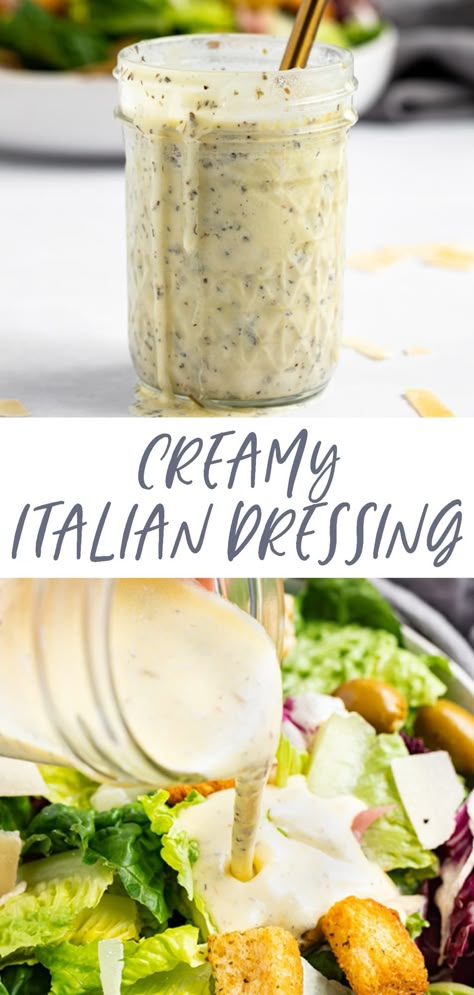 This creamy Italian dressing is a delicious addition to most salads! It's tangy, bright, and loaded with zesty herbs. This creamy Italian dressing recipe requires just a few simple ingredients and tastes so much better than the store-bought stuff! Salad Dressing With Parmesan Cheese, Creamy Salad Dressing Recipes Healthy, Italian Garden Salad, Healthy Creamy Salad Dressing, Salad Dressing Ideas, Creamy Salad Recipes, Salad Sauce Dressing, Creamy Salad Dressing Recipes, Creamy Vinaigrette Dressing