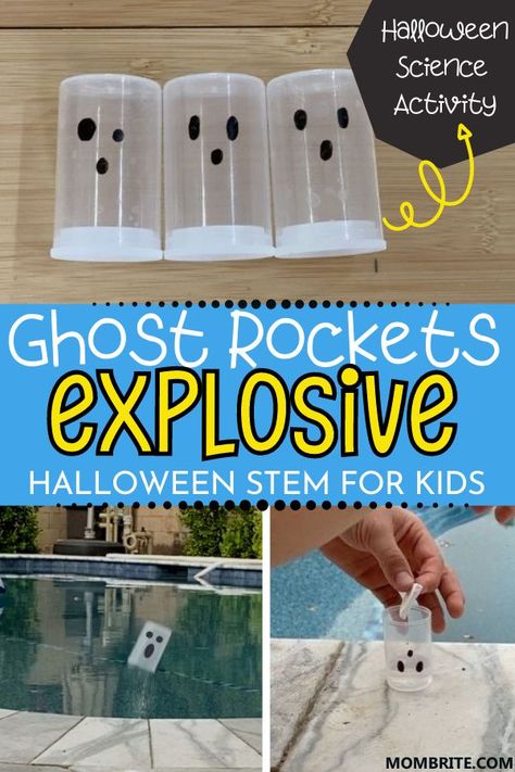 Ghost Balloon Science Experiment, Ghost Rockets Halloween Activities, Ghost Rockets For Kids, Force And Motion Halloween Activities, Halloween Stem For Kindergarten, Hands On Halloween Activities For Kids, Halloween Chemistry Experiments, Halloween Themed Science Experiments, Ghost Stem Activities