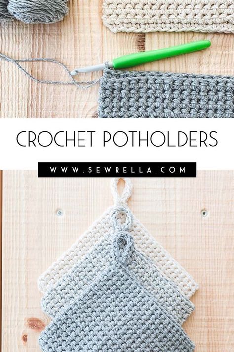 The most versatile, necessary kitchen pattern to add to your library. A simple textured crochet stitch makes these potholders thick and durable – with a simpler version of an I-cord loop for hanging within reach. Use this free and easy pattern to gift alongside cookbooks and utensils! #freepattern #crochet #potholders #kitchen Loops & Threads Patterns, Crocheted Pot Holders Free Pattern, Free Easy Crochet Patterns For Beginners, Crochet Pot Holders, Crochet Washcloths, Kitchen Pattern, Thick Crochet, Crochet Pot Holders Free Pattern, Kitchen Crochet