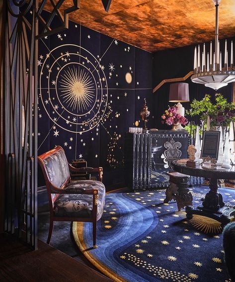 Tarot Bedroom Decor, Celestial Home Decor Interior Design, Witchy Interior Design Modern, Celestial House Decor, Night Court Aesthetic Room, Celestial Furniture, Observatory Aesthetic, Art Deco Library, Whimsigothic Home