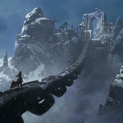 Chain bridge | Holy city in the snow | Mountain, warrior, fighter, journey | Fantasy places art Landscape Concept, 다크 판타지, Fantasy City, Fantasy Places, Fantasy Setting, Fantasy Art Landscapes, Fantasy Concept Art, Arte Fantasy, Environment Design