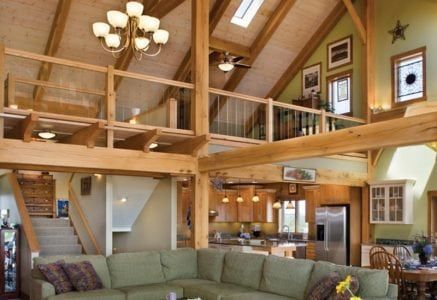 Timber Frame Great Room Photos | by Riverbend Timber Frame Great Room, Mountain Dream Homes, Timber Frame Home, Log Home Designs, Barn Renovation, Timber Beams, Rustic Home Design, Timber Frame Homes, Timber House