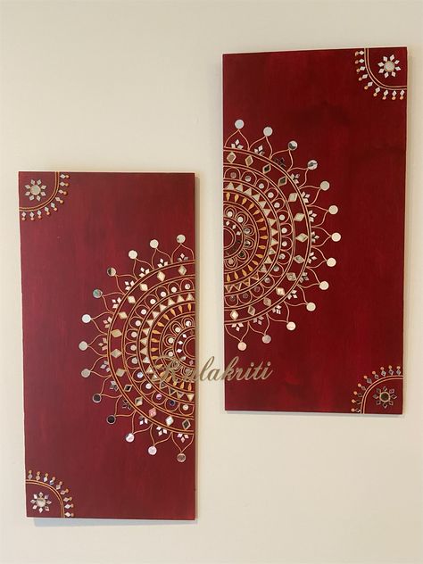 Wall Hanging With Mirror Work, Aipan Art On Canvas, Hand Craft Home Decor, Plywood Painting Art Ideas, Latest Art And Craft Ideas, Lippan Art Diy, Mfd Board Art, Lippan Art Painting, Lippan Art Simple