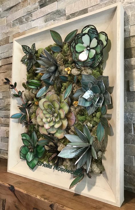 My 3D stained glass succulent wall hanging. 22x26 #stainedglass #succulent #plants #gardening #glassart #decor #art Artist: Sheila Noseworthy @ghostridermama Diy Stain Glass Succulents, Glass 3d Art, Glass Succulents, Where To Hang Stained Glass Art, Diy Glass Projects, Stained Glass Flowers 3d, Stained Glass Mixed Media, Stained Glass Wall Hanging, Stained Glass 3d Flowers