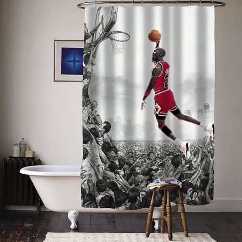 Michael Jordan fly special custom shower curtains by curtainasu Basketball Bedding, Basketball Room, Cute Curtains, Personalized Shower Curtain, Custom Shower Curtains, Red Curtains, Custom Shower, Shower Stall, Fabric Shower Curtains