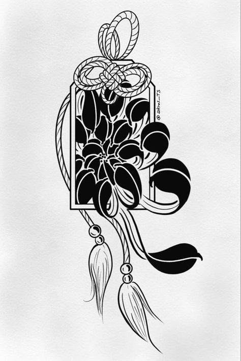 Japanese Flowers Design, Japanese Inspired Drawings, Omamori Tattoo Design Black, Omamori Drawing, Japanese Omamori Tattoo, Omamori Illustration, Japanese Tattoos Love, Omamori Design, Japanese Blackwork Tattoo