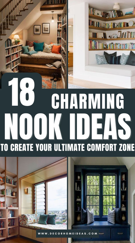 Explore 18 delightful reading nooks that turn your home into the ultimate cozy escape. Featuring comfy seating, warm lighting, and clever design ideas, these spaces are perfect for diving into your favorite book or simply unwinding. Which nook will inspire your next cozy corner? Reading Nook Window Seat Bookshelves, Making A Window Seat, Living Room With Seating Area, Walk In Closet Turned Into Reading Nook, Loft Reading Nook Ideas, Built In Sleeping Nook, Cozy Nook Ideas Bedrooms, Cozy Window Seat Reading Nook, Small Closet Reading Nook For Adults