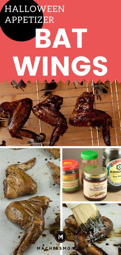 Sticky, sweet and dark as Halloween night, these "Bat Wings" are a festive appetizer for your haunted holiday party! Try a spooky twist on chicken wings with this creepy but delicious recipe. Make them for a crowd or serve them with dinner for a great Halloween food idea! #chickenwings #halloweenrecipe #halloweenfood #halloweenparty #appetizer Halloween Chicken Bat Wings, Halloween Bat Wings Food, Halloween Chicken Wings Ideas, Bat Wings Halloween Food, Halloween Ribs Food, Halloween Chicken Wings, Bat Wings Recipe, Black Bean Sauce Chicken, Bat Party