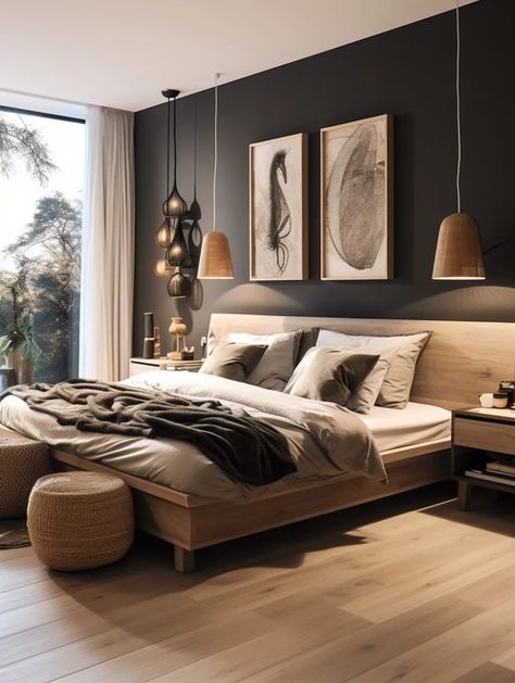 Mens Black Bedroom – Nymphs Japanese Bedroom Design, Beautiful Bed Designs, Dark Neutrals, Japanese Bedroom, Dream Bedrooms, Masculine Bedroom, Primary Suite, Primary Bathroom, Bedroom Style